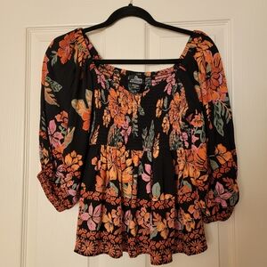 Angie Peasant Blouse Black with Orange and Pink Flowers Size M